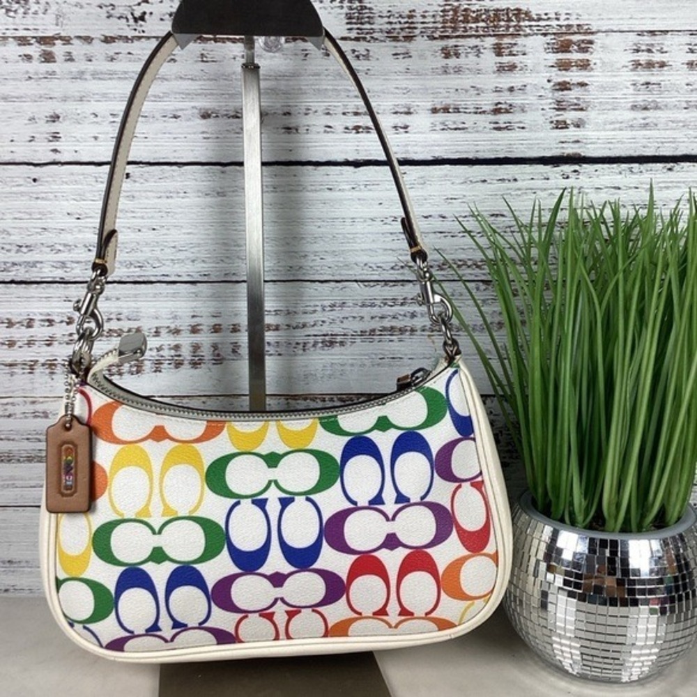 COACH TERI HAND SHOULDER SMALL BAG SIGNATURE RAINBOW CANVAS MULTI SUMMER PURSEβ - Picture 9 of 16